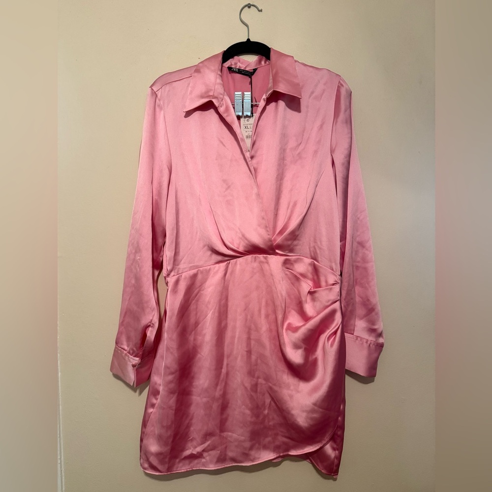 Zara Short Pink Draped Satin Dress - Never Worn